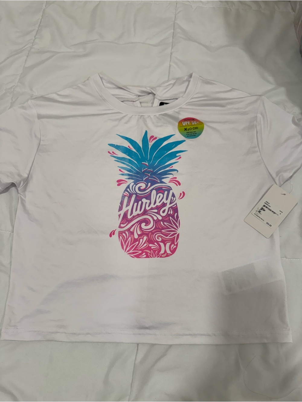 NWT SPF 50 Hurley White Tee with Pink and Teal Pineapple Graphic